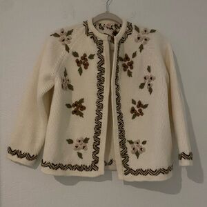 Handmade chunky knit cardigan sweater Cream Floral Embroidered Knit Jacket